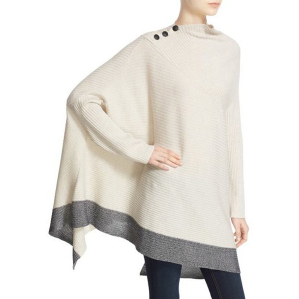 Rag & Bone Reanna Draped Asymmetrical Ribbed Wool Poncho Sweater, Ivory, S